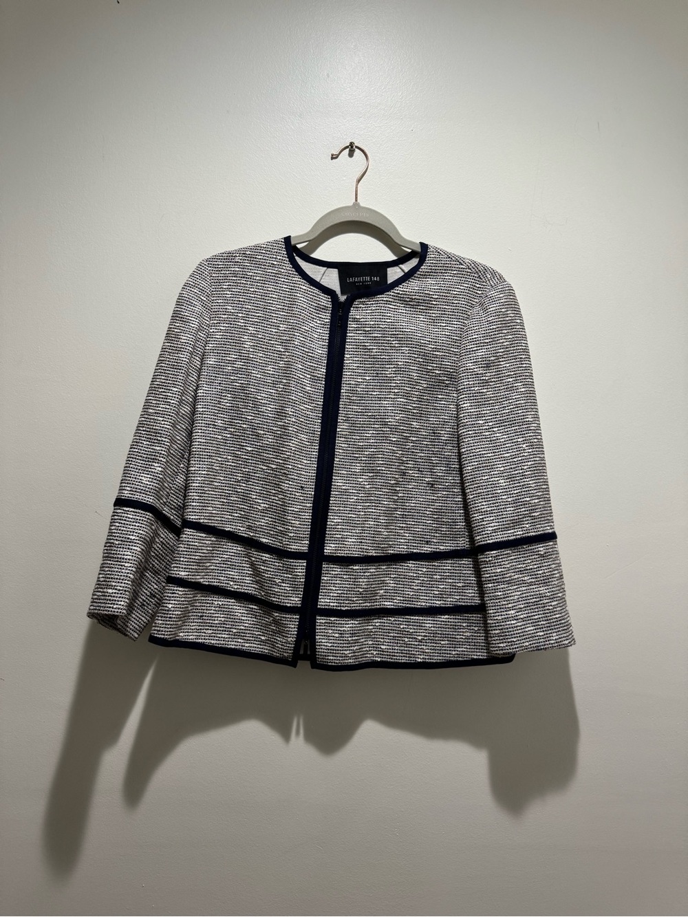 Lafayette 148 New York White and Navy Tweed Open-Front Jacket
